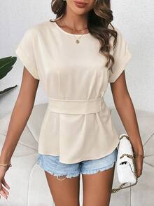 SHEIN Essnce Solid Batwing Sleeve Blouse - Apricot - View 3