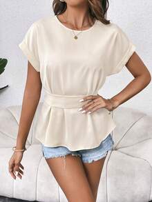 SHEIN Essnce Solid Batwing Sleeve Blouse - Apricot - View 5