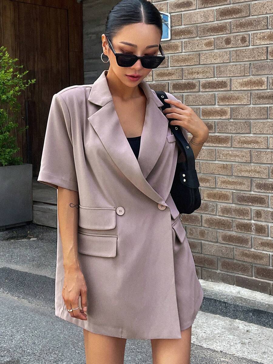 DAZY 西裝領翻蓋細節雙排釦西裝外套 - 淺灰紫 - 查看 1