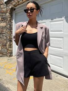 DAZY 西裝領翻蓋細節雙排釦西裝外套 - 淺灰紫 - 查看 4