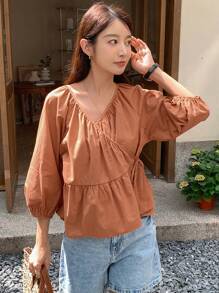 DAZY Solid Tie Side Wrap Peplum Blouse - Brown - View 5