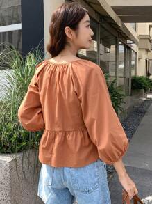 DAZY Solid Tie Side Wrap Peplum Blouse - Brown - View 2