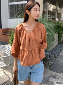 DAZY Solid Tie Side Wrap Peplum Blouse - Brown - View 3