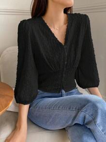 DAZY 素色前紐扣燈籠袖襯衫 - 黑色 - 查看 1