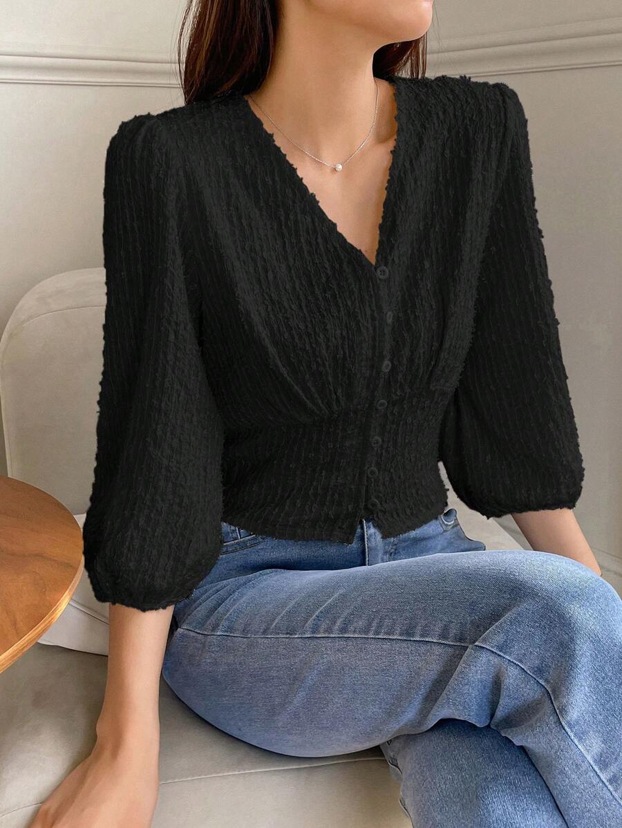 DAZY 素色前紐扣燈籠袖襯衫 - 黑色 - 查看 1