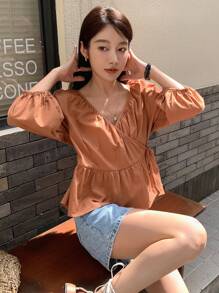 DAZY Solid Tie Side Wrap Peplum Blouse - Brown - View 7
