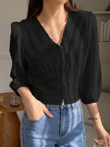 DAZY 素色前紐扣燈籠袖襯衫 - 黑色 - 查看 5