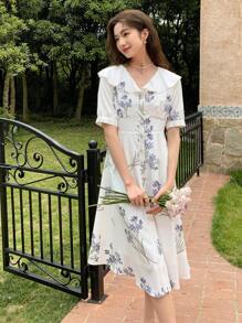 DAZY Vestido con estampado floral de manga farol - Blanco - Ver 9