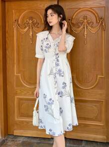 DAZY Vestido con estampado floral de manga farol - Blanco - Ver 10