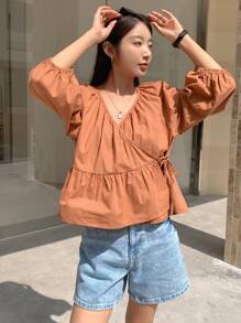 DAZY Solid Tie Side Wrap Peplum Blouse - Brown - View 9