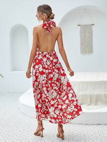 SHEIN VCAY 印花前鏤空繞頸露背連衣裙 - 彩色 - 查看 2