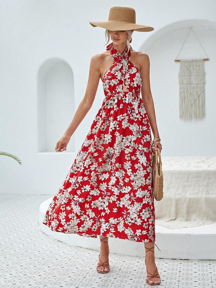 SHEIN VCAY 印花前鏤空繞頸露背連衣裙 - 彩色 - 查看 1