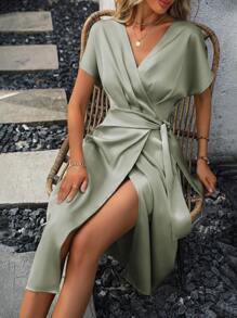 SHEIN LUNE Batwing Sleeve Knot Side Wrap Satin Dress - Green - View 3