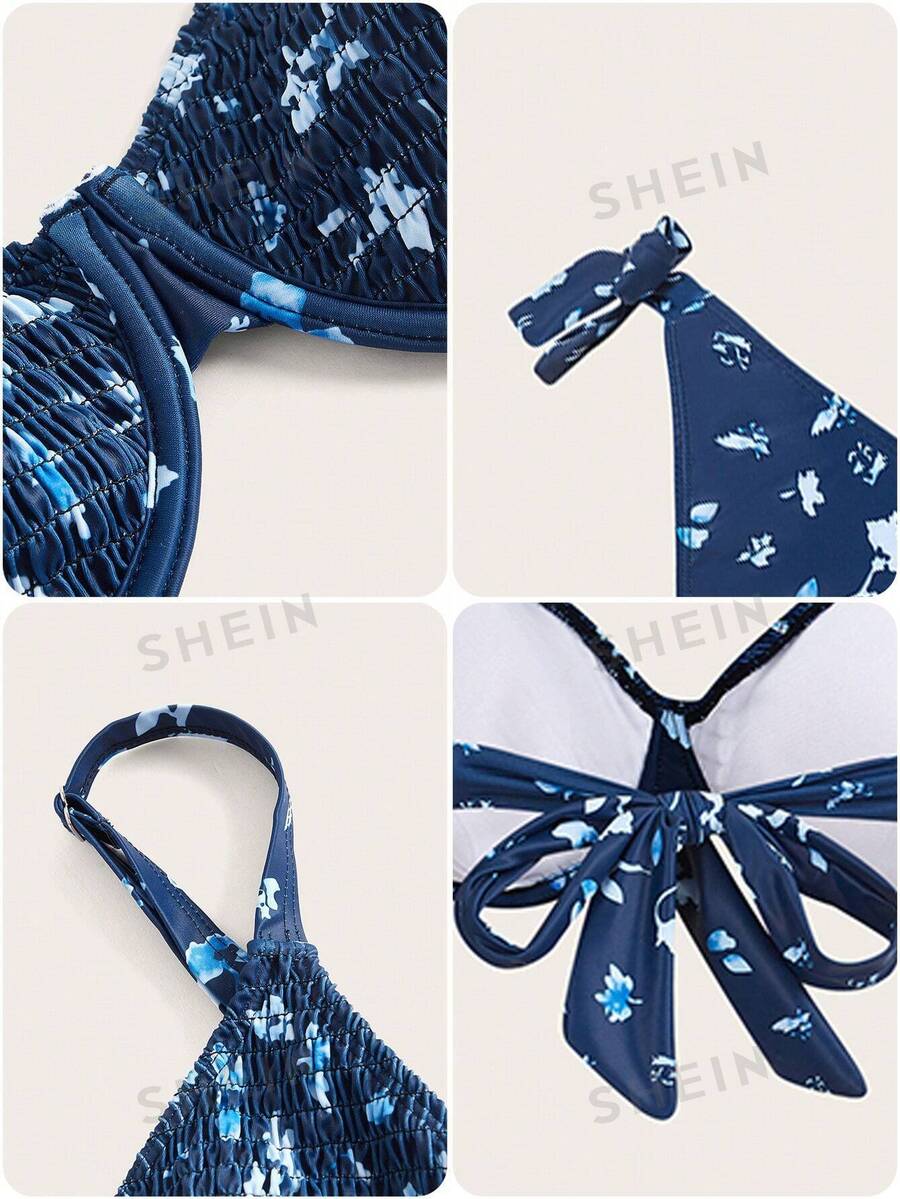 SHEIN DD+ Summer Beach Floral Print Smocked Underwire Tie Side Bikini