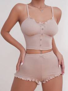 木耳邊前紐扣睡衣套裝 - 杏色 - 查看 5