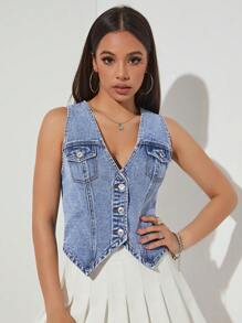 SHEIN EZwear 翻蓋口袋前紐扣背心牛仔上衣 - 中等水洗藍 - 查看 1