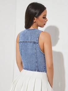 SHEIN EZwear 翻蓋口袋前紐扣背心牛仔上衣 - 中等水洗藍 - 查看 3