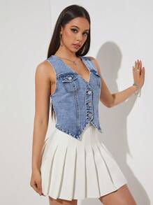 SHEIN EZwear 翻蓋口袋前紐扣背心牛仔上衣 - 中等水洗藍 - 查看 5