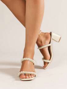 女士珍珠粗跟凉鞋，时尚露趾踝带高跟鞋，女士优雅高跟凉鞋，水钻装饰仿皮，时尚派对鞋 - 米色 - 查看 1