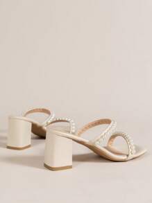 女士珍珠粗跟凉鞋，时尚露趾踝带高跟鞋，女士优雅高跟凉鞋，水钻装饰仿皮，时尚派对鞋 - 米色 - 查看 4