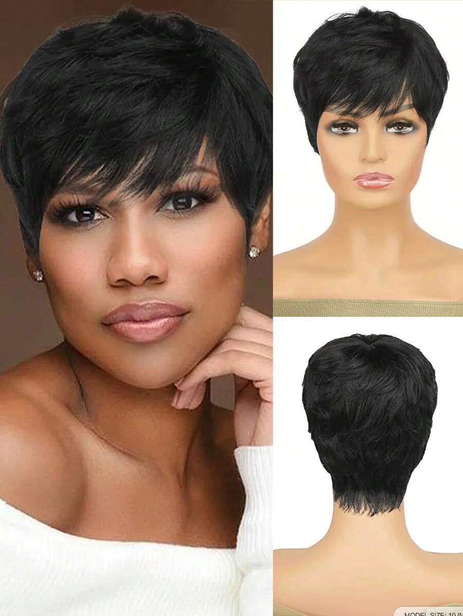 黑色側部分劉海精靈短編織化學纖維頭髮日常模擬頭皮 - 黑色 - 查看 1