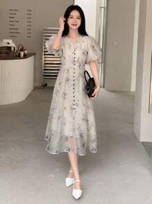 DAZY Floral Print Puff Sleeve Button Front Dress Sundress - Apricot - View 1