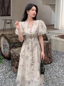 DAZY Floral Print Puff Sleeve Button Front Dress Sundress - Apricot - View 8