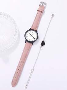 1入組女士粉色PU聚氨酯錶帶時尚圓形錶盤石英手錶和1入組心形裝飾手鍊，適合日常生活 - 粉色 - 查看 2
