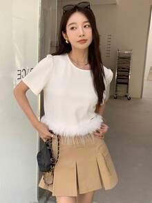 DAZY Chất rắn Trang trí Fuzzy Ống tay áo Áo thun - Màu be - Xem 8