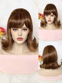 复古波浪翻转蜂窝假发，带扁平刘海，棕色 12 英寸短款性感女士鲍勃假发，适合日常派对使用，合成无胶耐热纤维头发，高密度 70 年代海报假发，60 年代复古蜂窝翻转假发，适合复古服装和 1 件假发帽 - 間色 - 查看 1