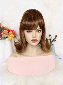 复古波浪翻转蜂窝假发，带扁平刘海，棕色 12 英寸短款性感女士鲍勃假发，适合日常派对使用，合成无胶耐热纤维头发，高密度 70 年代海报假发，60 年代复古蜂窝翻转假发，适合复古服装和 1 件假发帽 - 間色 - 查看 3