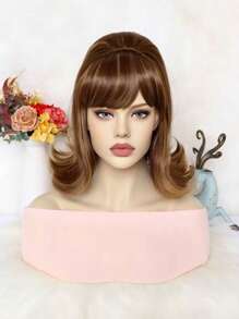 复古波浪翻转蜂窝假发，带扁平刘海，棕色 12 英寸短款性感女士鲍勃假发，适合日常派对使用，合成无胶耐热纤维头发，高密度 70 年代海报假发，60 年代复古蜂窝翻转假发，适合复古服装和 1 件假发帽 - 間色 - 查看 4