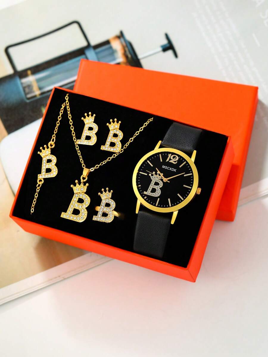 MSCXDK 1入組黑色帶時尚水鑽裝飾圓形錶盤石英表和5入組方晶鋯石裝飾首飾套裝,適合派對 - 黑色 - 查看 1