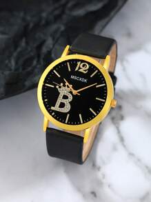 MSCXDK 1入組黑色帶時尚水鑽裝飾圓形錶盤石英表和5入組方晶鋯石裝飾首飾套裝,適合派對 - 黑色 - 查看 2