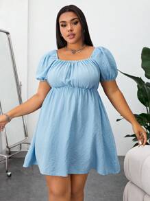 SHEIN MOD 大碼素色胸部褶皺泡泡袖連衣裙 - 藍色 - 查看 1