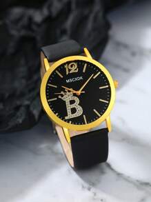 MSCXDK 1入組黑色帶時尚水鑽裝飾圓形錶盤石英表和5入組方晶鋯石裝飾首飾套裝,適合派對 - 黑色 - 查看 5