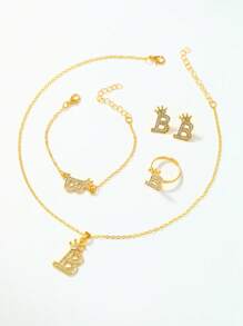 MSCXDK 1入組黑色帶時尚水鑽裝飾圓形錶盤石英表和5入組方晶鋯石裝飾首飾套裝,適合派對 - 黑色 - 查看 6