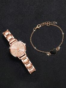 1 dây đeo hợp kim kẽm màu vàng hồng cho nữ Đồng hồ thạch anh mặt tròn thời trang & 1 vòng tay dạng dây chuyền, dùng cho cuộc sống hàng ngày như một món quà cho học sinh đi học trở lại - Hoa hồng vàng - Xem 3