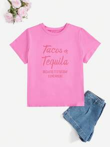 SHEIN EZwear 大碼標語圖案T恤 - 玫紅色 - 查看 3