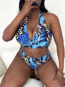 SHEIN Swim Curve 大尺碼熱帶印花掛脖比基尼套裝夏季海灘 - 彩色 - 查看 3