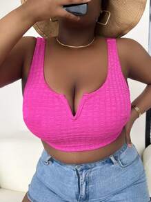 SHEIN Swim Curve Plus V Wired Bikini Top, For Summer Beach Vacation - Hot Pink - View 5