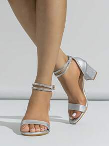 Glamorous Silver Sandals For Women, Glitter Rhinestone Decor Chunky Heeled Ankle Strap Sandals - Silver - View 3