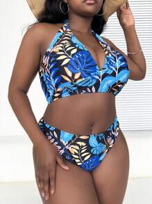 SHEIN Swim Curve 大尺碼熱帶印花掛脖比基尼套裝夏季海灘 - 彩色 - 查看 4