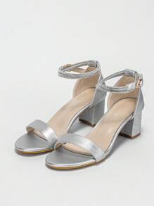 Glamorous Silver Sandals For Women, Glitter Rhinestone Decor Chunky Heeled Ankle Strap Sandals - Silver - View 6