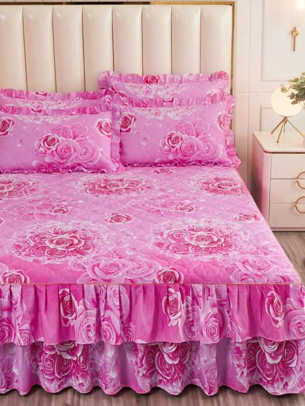 1pc Flower Pattern Bed Skirt, Modern Solid Color Fabric Bed Sheet, For