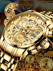 VA VA VOOM 1 件男士手表时尚不锈钢镂空表盘休闲运动风格夜灯男士时钟金色和黑色和银色原装石英机芯水钻奢华腕表