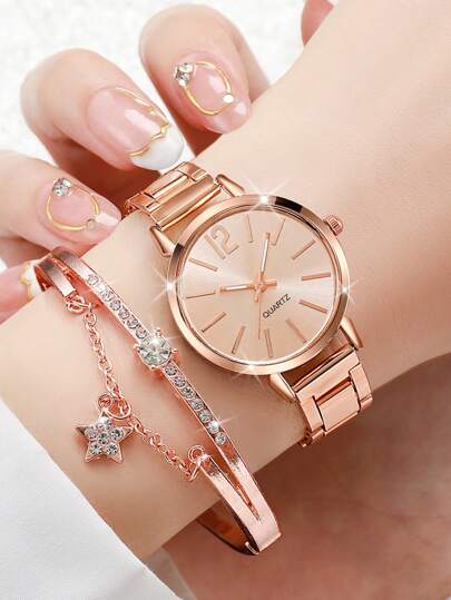 1 件女式玫瑰金锌合金表带时尚圆形表盘石英表和 1 件水钻装饰手链，适合日常生活，可作为返校学生的礼物