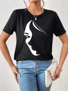 SHEIN Essnce Áo thun nữ Con số Giải trí - màu đen - Xem 4