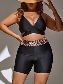 SHEIN Swim Curve Plus Size Leopard Print Wrap Bikini Set Summer Beach
