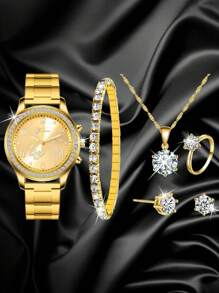1 Nữ Vàng Dây Đeo Hợp Kim Kẽm Quyến Rũ Đính Đá Cubic Zirconia Trang Trí Mặt Tròn Đồng Hồ Thạch Anh & 5 Bộ Trang Sức, cho Cuộc Sống Hàng Ngày - Vàng - Xem 1
